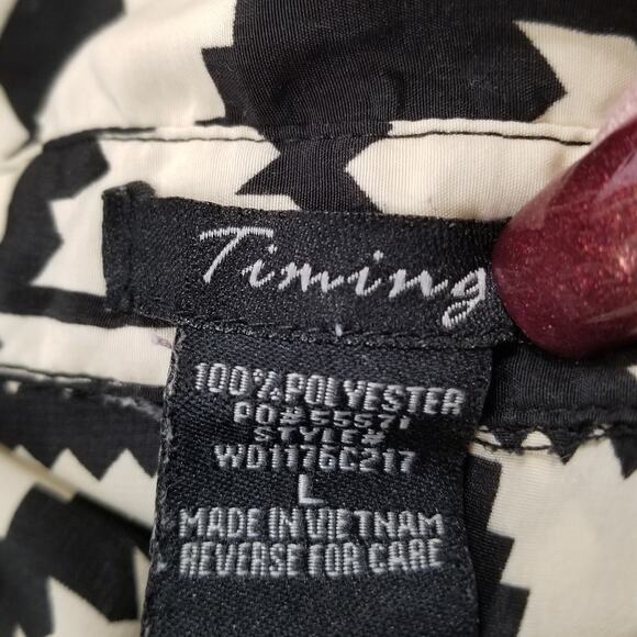 Timing Women's Tribal Geometric Beige Black Dress Button Up Roll Tab Slv Size L - Picture 7 of 8